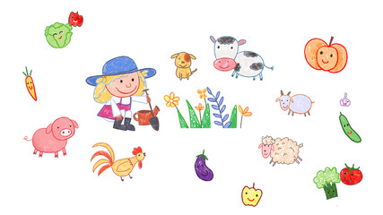 Vegetable Garden Farm Backdrop Background. pumpkin, eggplant, cucumber, tomato, pepper, potato, cabbage, carrot, Cow, Dog, Sheep, Rooster, Hen, Pig, pumpkin, eggplant, tomato