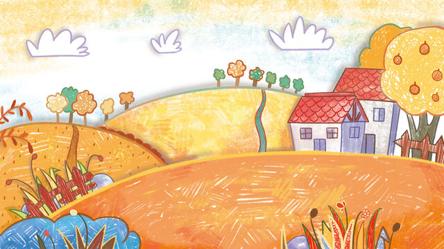 Autumn Harvest Farm Backdrop Background. Cute oil pastel drawing crayon doodle for children book illustration poster wall painting. 