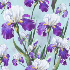 Flowers are purple irises with green leaves on a light blue background. Digital painting. Seamless pattern.