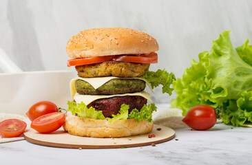 vegan burger, carrot, herb and beet cutlets