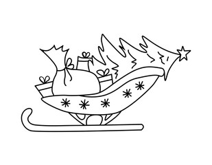 Christmas sleigh of Santa Claus with sack, gift boxes and Christmas tree. Vector illustration hand drawn in outline doodle style.