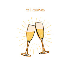 Two sparkling glasses of champagne, flat graphic