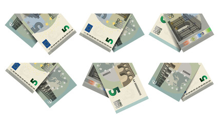 Set of folded and curved EU paper money on an isolated white background. 5 euro banknotes with shadows