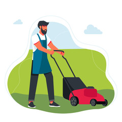 Man Mowing The Lawn. Professional gardener using garden machinery, equipment and tools: mowing, cutting, trimming grass and shrubbery. Backyard landscaping, plants cultivating, garden maintenance.