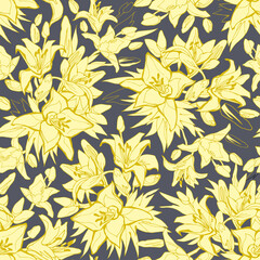 Naklejka na ściany i meble Trendy colors seamless pattern with Blow Up silhouettes of yellow illuminating lily flowers, buds and leaves on gray background. Spotted vector illustration with hand drawn flowers in full bloom. 