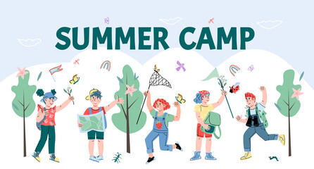 Kids summer camp banner or poster design with cute boys and girls, cartoon vector illustration. Advertising banner for children summer camp, forest adventure or hiking trip.