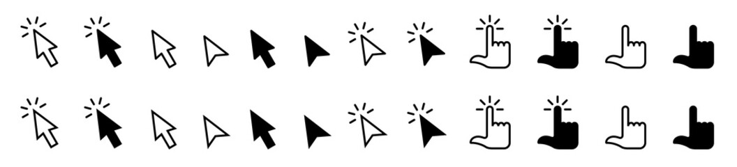 Set of flat icons of the cursor of a computer mouse and other electronic devices. Cursor arrow and palm icon with gesture. Clicked and non-clicked cursor icon. Vector elements