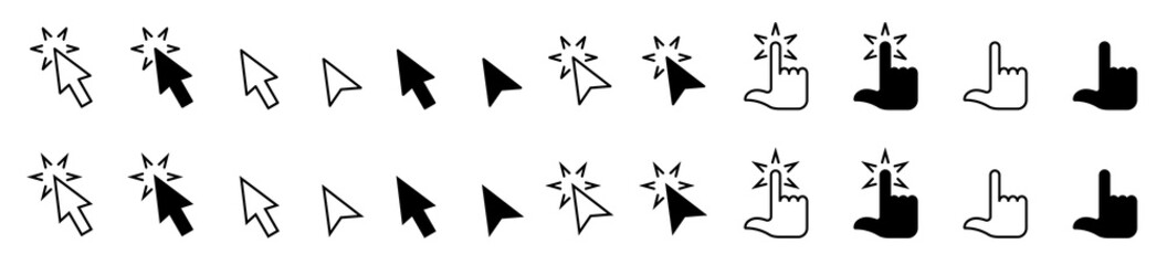 Set of flat icons of the cursor of a computer mouse and other electronic devices. Cursor arrow and palm icon with gesture. Clicked and non-clicked cursor icon. Vector elements
