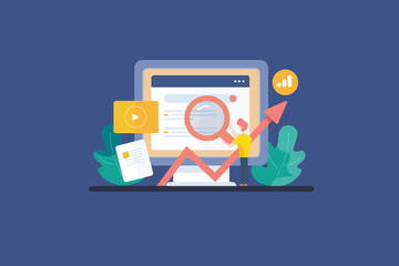 Flat design web banner of content research, content development and marketing. Searching digital content on internet, blog, content and data management.