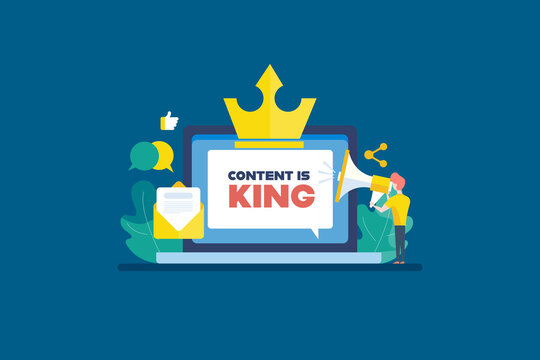 Content is king text on laptop screen with crown. A strategic planning for web content creation, marketing, audience engagement and conversion. Flat design web banner content.