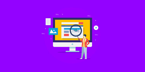 SEO - Search engine indexing bot, Search crawler indexing website data, web spider fetching website information. Web banner SEO template with character and purple background.