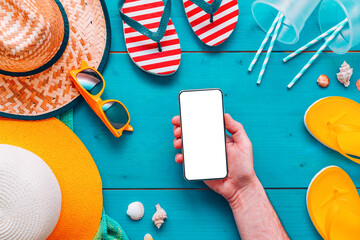 Smart phone mock up in male hand for summer holiday vacation concept
