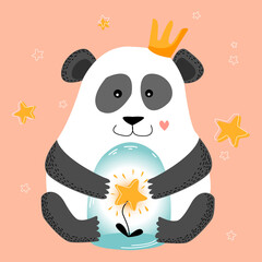 Сartoon panda baby bear with a crown sitting with a glass jar inside which is a star. Vector Nursery poster print.  Children room decoration. Cute animals