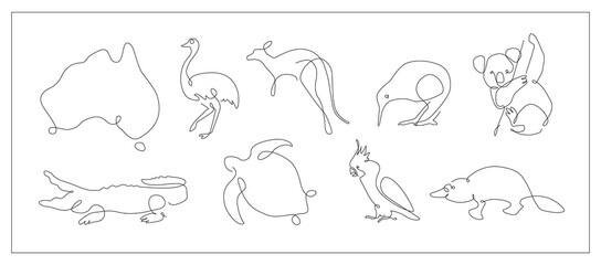 one line set of Australian animals. Koala and cockatoo outline. Kangaroo and kiwi continuous line. Ostrich lines design. Platypus line art © Kristina