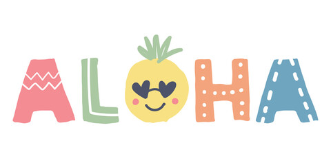 Hand lettering word, ALOHA, in cute Scandinavian illustration style.  © Torico