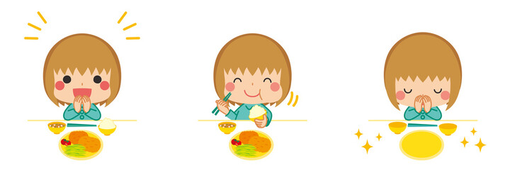 残さず食べて食事の後にご馳走様と挨拶をするお行儀のよい可愛い小さな女の子のイラスト Wall Mural ぽこたぽこ