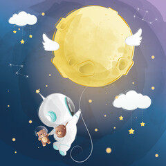 Little Astronaut Boy Flying with Moon Baloon