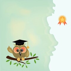 Blank diploma template with clever owl. Education or school design idea. Delicate blurred background with place for text. Vector illustration, cartoon style.