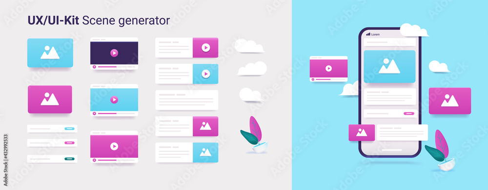 Fototapete UX and UI tool kit - Vector collection set to create illustrations and scenes with laptop and user interface elements in 3d style.