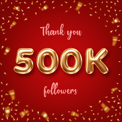 Thank you followers. Social media achievement poster with golden 3d numbers and confetti on red background