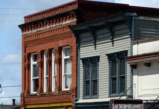 Exterior details of old brick building in historical district of Snohomish