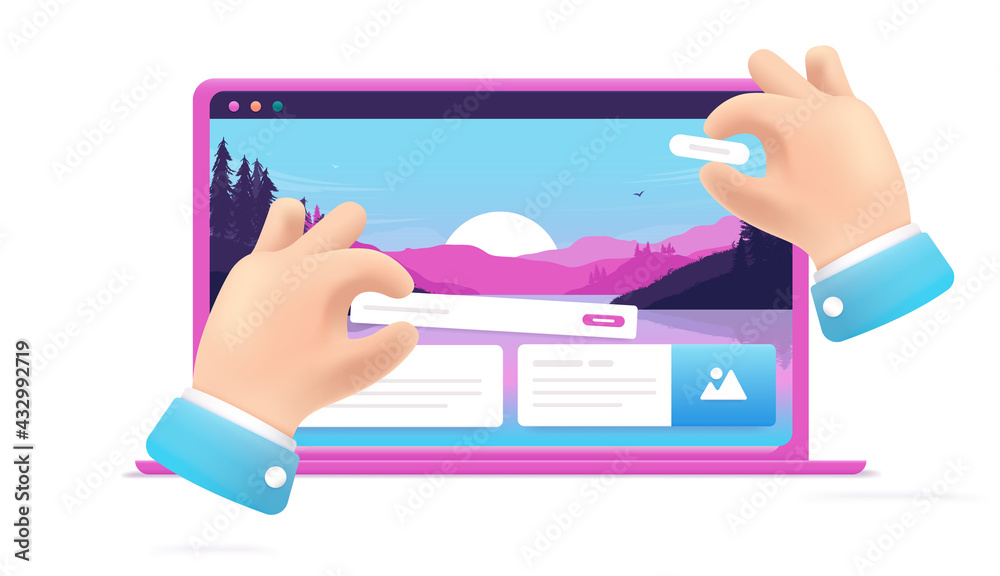 Poster Building website - Hands doing web design on laptop screen, moving graphical elements around. Web development concept. Vector illustration.
