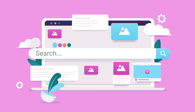 Web search on laptop - Computer with search bar and graphical elements on pink background. Vector illustration.