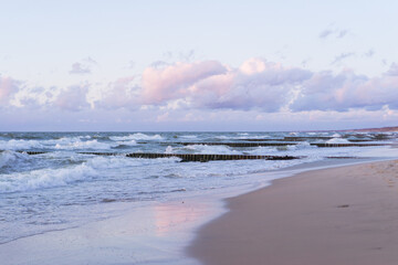 Baltic sea, front scenic view of waves on the beach, travel and summer panoramic background, web banner