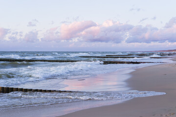 Obraz premium Baltic sea, front scenic view of waves on the beach, travel and summer panoramic background, web banner