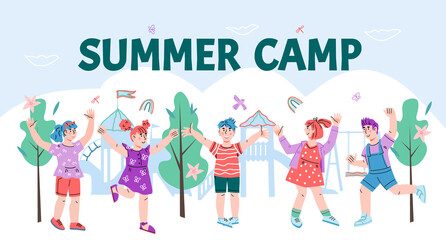 Group of cheerful happy kids on summer playground. Banner or poster backdrop template for kids summer camp or play zone in park, cartoon vector illustration. 