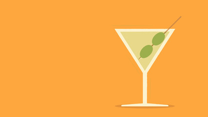 flat style illustration in retro style depicting a martini glass with two olives on a stick in a glass against an orange background