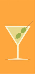 flat style illustration in retro style depicting a martini glass with two olives on a stick in a glass against an orange background