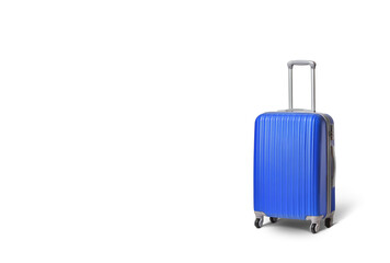 Bright blue suitcase on white background.