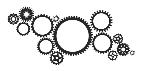 Gear system. Connected cogwheels systems, machine engine mechanism. Abstract technology structure with gears, cogs, wheels vector background. Planning and construction development concept