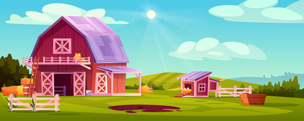 Farmyard outside scenery landscape vector illustration. Wooden barn farm house, green rural farm, chicken coop with eggs in nest, stalks of hay, blue sky on background, ladder, pitchfork and barrel © Sensvector