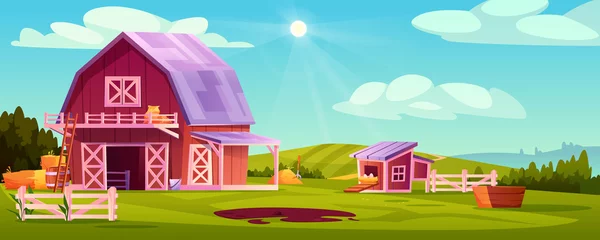 Foto op Canvas Farmyard outside scenery landscape vector illustration. Wooden barn farm house, green rural farm, chicken coop with eggs in nest, stalks of hay, blue sky on background, ladder, pitchfork and barrel © Sensvector