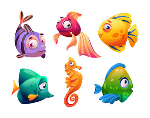 Fish and seahorses isolated cartoon characters set. Vector marine underwater animals, aquarium tank pets collection. Freshwater, saltwater exotic fauna. Fishery mascots, decorative tropical creatures