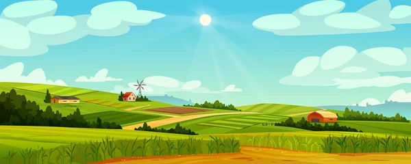 Gardinen Green fields landscape of farmland, barns and farms, rural houses and windmills. Vector pasture with buildings, green grass, meadows and trees, blue sky on background. Country agriculture farmland © Sensvector