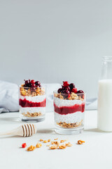 close-up of chia pudding with yogurt granola currant on the background of a bottle of milk on a gray background