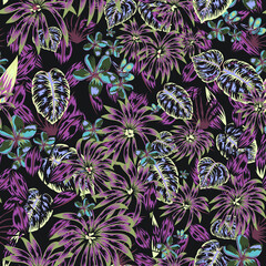 Moody Tropical Floral vector seamless repeat pattern.  - 432996744