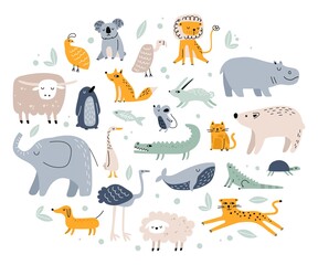 Scandinavian animals. Cute childish fox, elephant, bear, crocodile, rabbit, cat. Hand drawn forest and jungle animal doodles for kids vector set. Wildlife funny characters as hippopotamus, lion