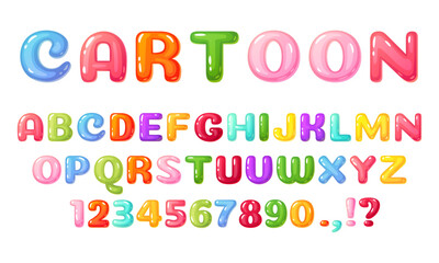 Cartoon kids font. Colorful comic alphabet for children. Cute childish bubble letters and numbers, glossy candy or jelly kid book lettering vector. Childish type for events, promotions - obrazy, fototapety, plakaty