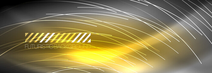 Neon glowing lines, magic energy and light motion background. Vector wallpaper template