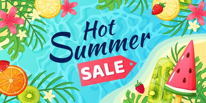 Hot summer sale banner. Discount offer flyer with beach, ocean, tropical palm leaves, flowers, fruits, ice cream. Season sales promo vector poster for shop or store. Exotic plants, flowers