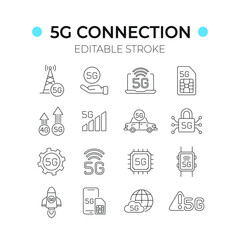 5G connection linear icons set. High speed internet. Thin line customizable illustration. Contour symbol. Vector isolated outline drawing. Editable stroke