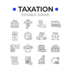 Tax Service linear icons set. Taxation. Thin line customizable illustration. Contour symbol. Vector isolated outline drawing. Editable stroke