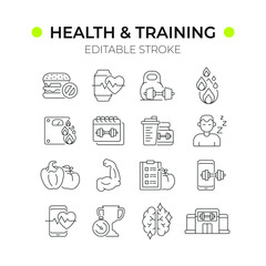Health and training linear icons set. Sport lifestyle. Thin line customizable illustration. Contour symbol. Vector isolated outline drawing. Editable stroke