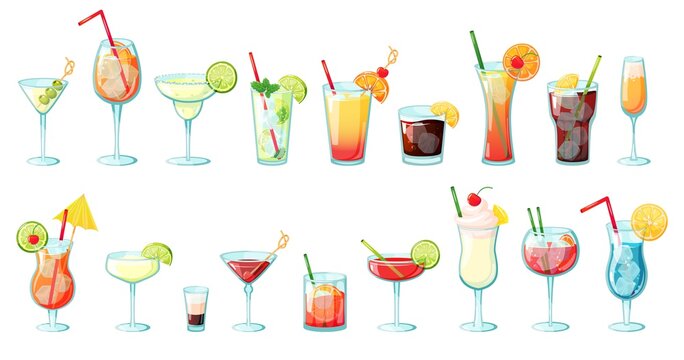Alcohol drinks. Summer tropical cocktails with ice, citrus fruits, mint. Glasses with alcoholic beverages margarita, martini, mojito vector set. Exotic lemonade with tropical ingredients