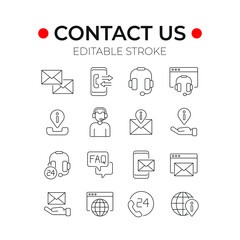 Contact us linear icons set. Call center. Support service. Thin line customizable illustration. Contour symbol. Vector isolated outline drawing. Editable stroke