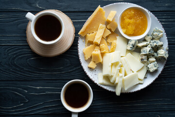 Delicious cheese mix with  honey and coffee
